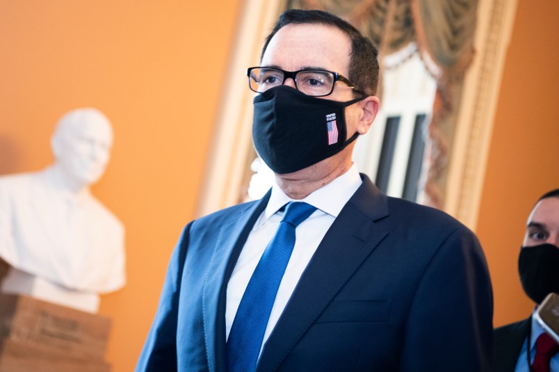 UNITED STATES - JULY 23: Treasury Secretary Steven Mnuchin arrives to the Capitol for a meeting with Senate Majority Leader Mitch McConnell, R-Ky., about the COVID-19 relief plan, on Thursday, July 23, 2020. Mark Meadows, White House chief of staff, also attended. (Photo By Tom Williams/CQ Roll Call)